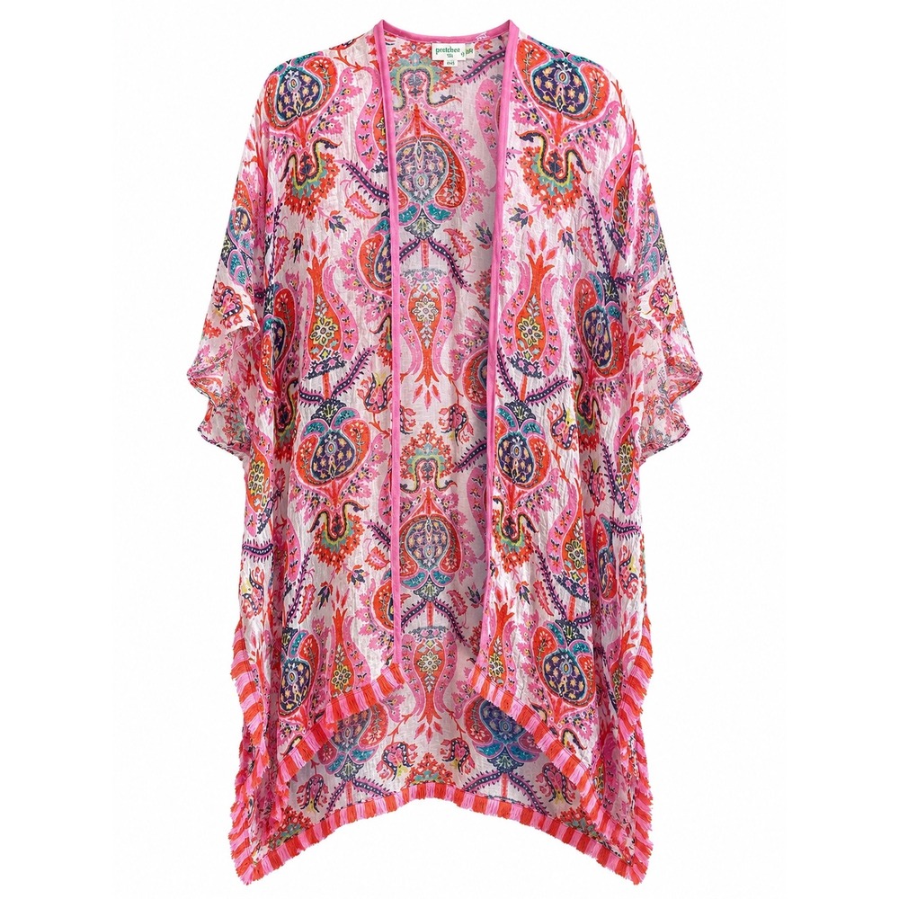 Spartina Linen Blend  Gauze Kimono Duster Cover-Up Fringe One Size Boho Coastal